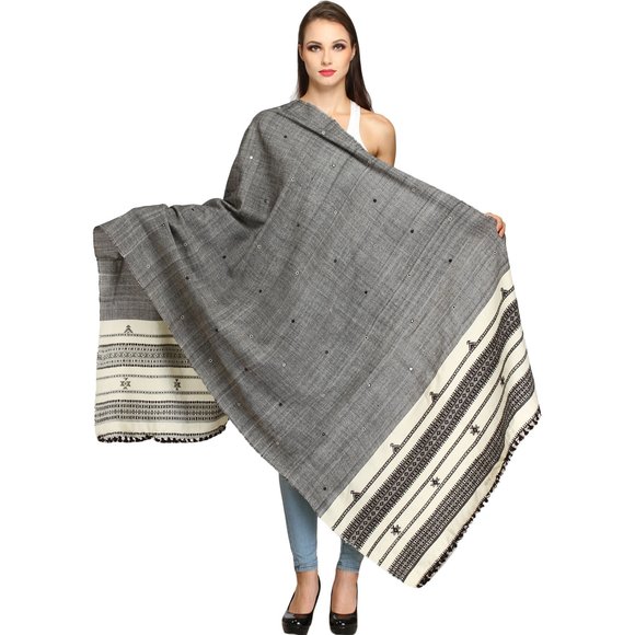 Shawl From Kutch With Embroidered Mirrors - Color Charcoal Gray💜